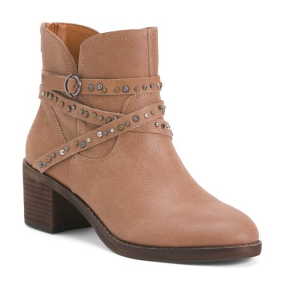NEW LUCKY BRAND Leather Callum Studded Strap Booties FOR WOMEN latte 462mn - Picture 1 of 2